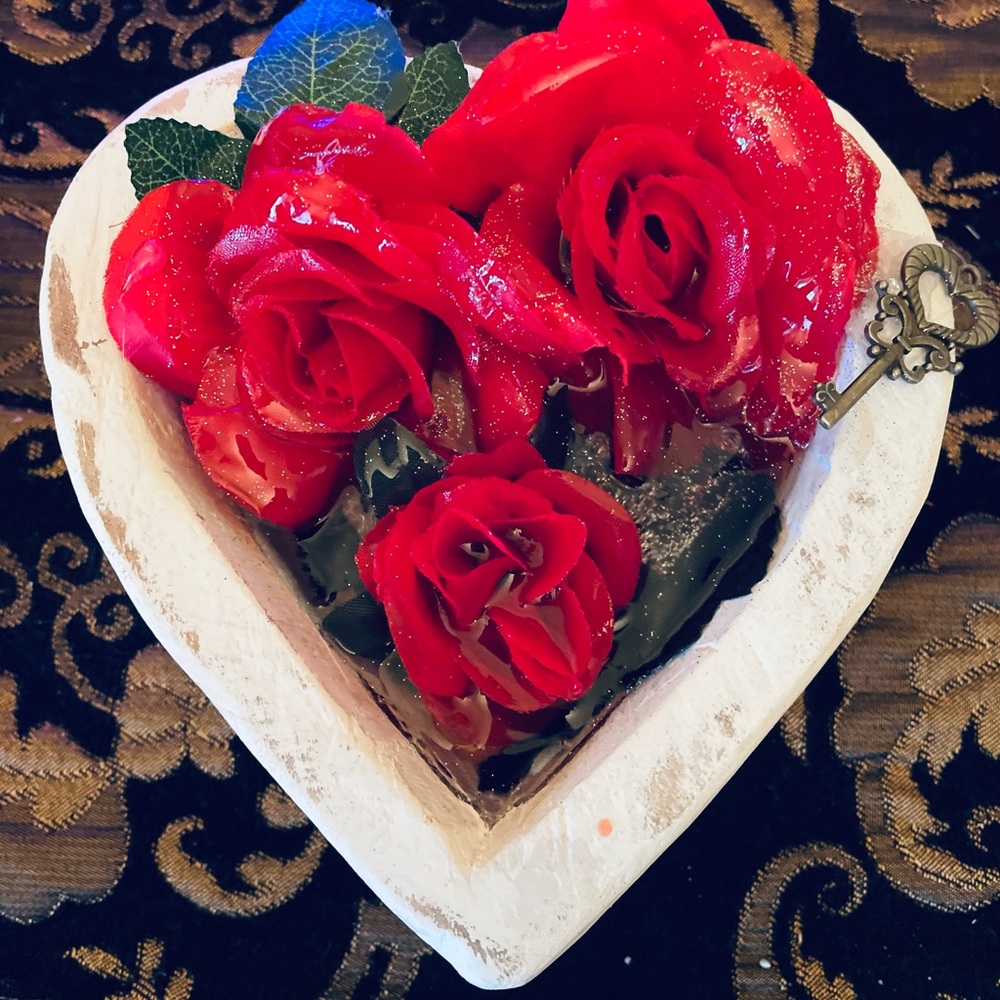 Resin art roses in heart shaped wooden bowl